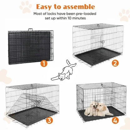 Metal Dog Crate Kennel - Double Door W/Divider Panel, Folding