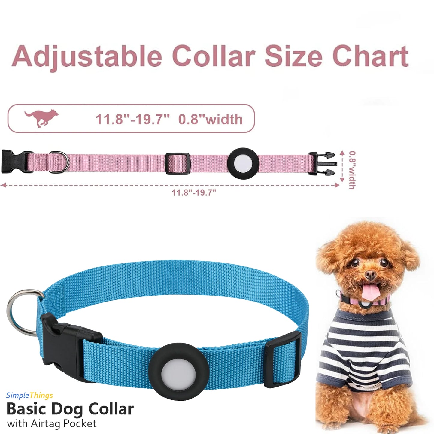 Adjustable Airtag Holder Dog Collar with Quick Snap Buckle for Small Dogs