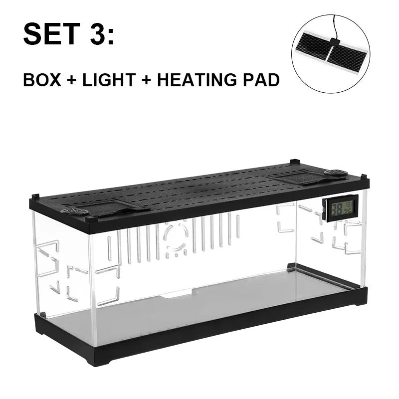 Acrylic Reptile Breeding Box with LED - Lizards Snakes Winter Incubator with Heating Pads Reptiles Feeding Box Anti-escape Cages