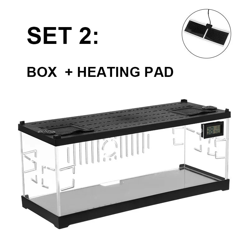 Acrylic Reptile Breeding Box with LED - Lizards Snakes Winter Incubator with Heating Pads Reptiles Feeding Box Anti-escape Cages