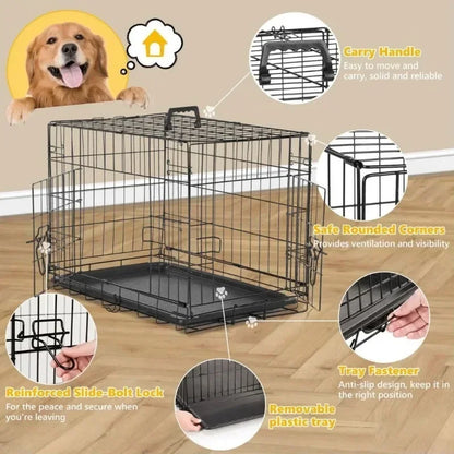 Metal Dog Crate Kennel - Double Door W/Divider Panel, Folding