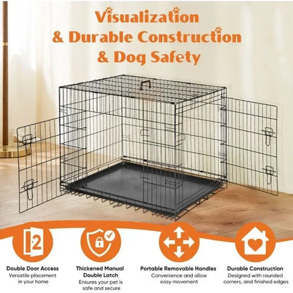 Metal Dog Crate Kennel - Double Door W/Divider Panel, Folding