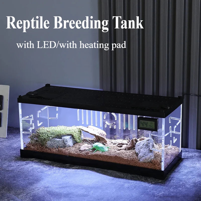 Acrylic Reptile Breeding Box with LED - Lizards Snakes Winter Incubator with Heating Pads Reptiles Feeding Box Anti-escape Cages