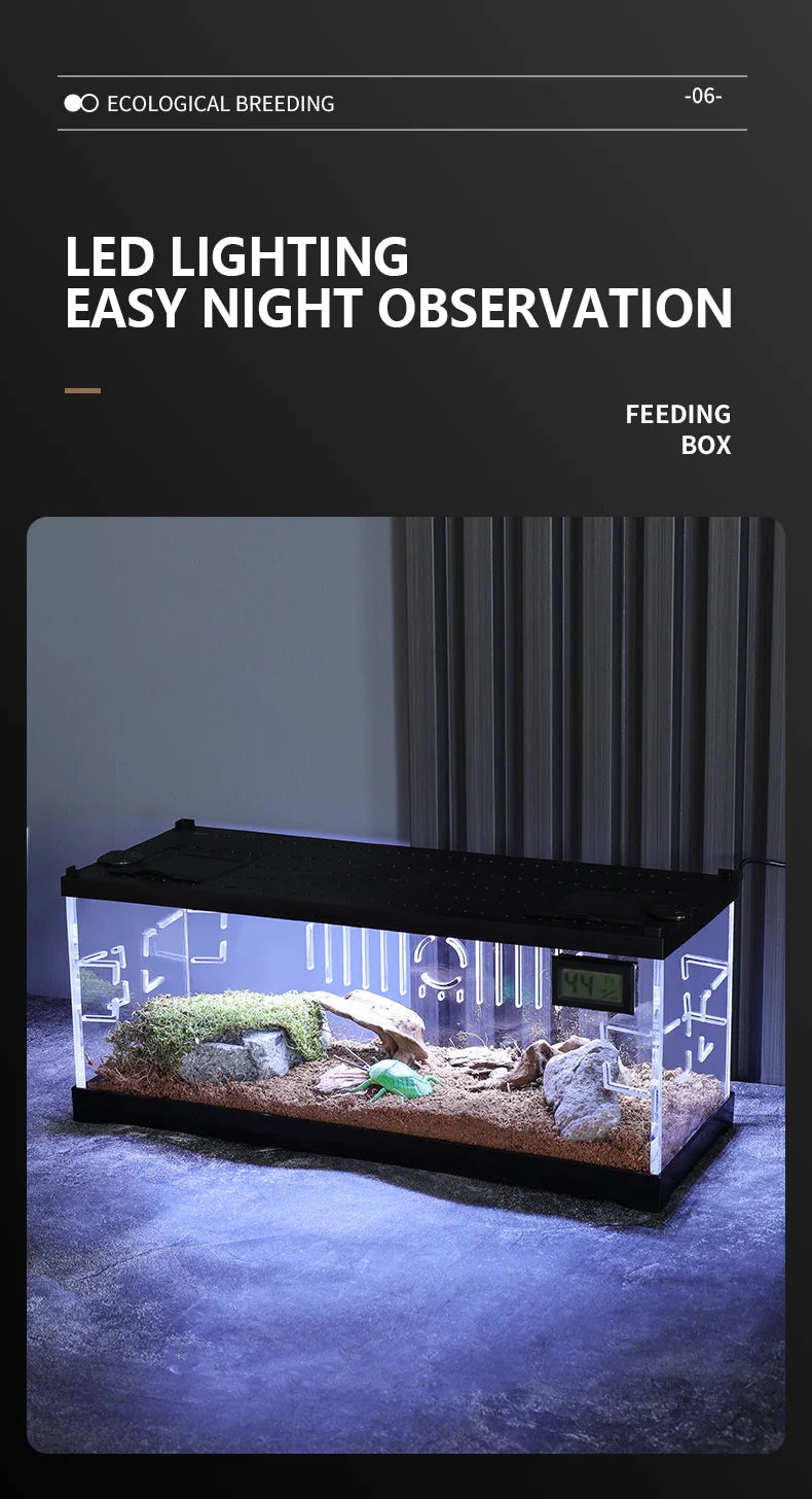 Acrylic Reptile Breeding Box with LED - Lizards Snakes Winter Incubator with Heating Pads Reptiles Feeding Box Anti-escape Cages