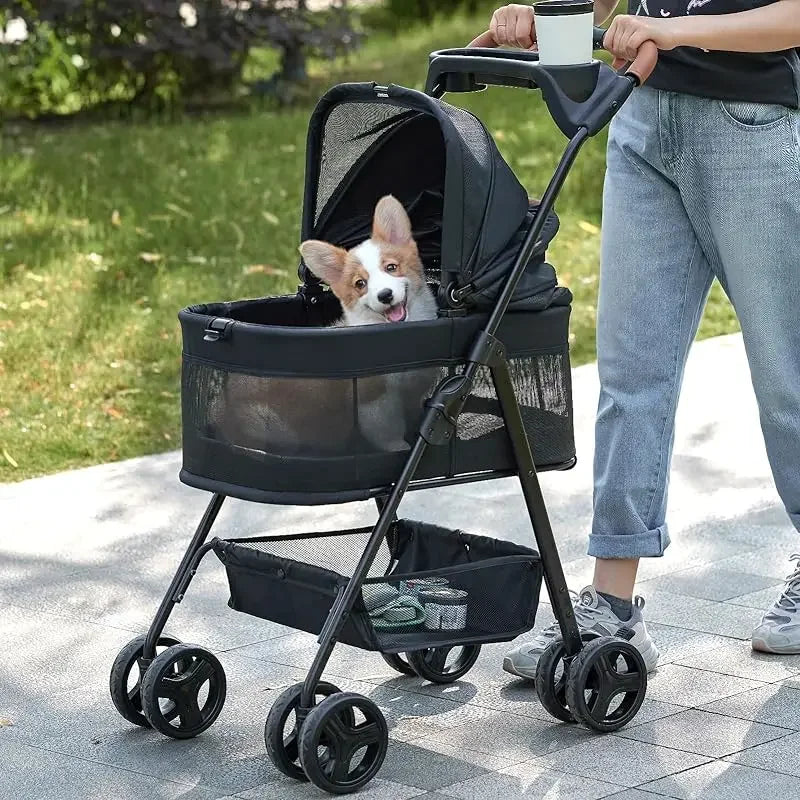 Pet Stroller for Small and Medium Dogs or Cats - Removable Carrier, Car Seat, Pet Buggy